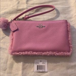 Coach 64765B Shearling Pom Pom Leather Wristlet